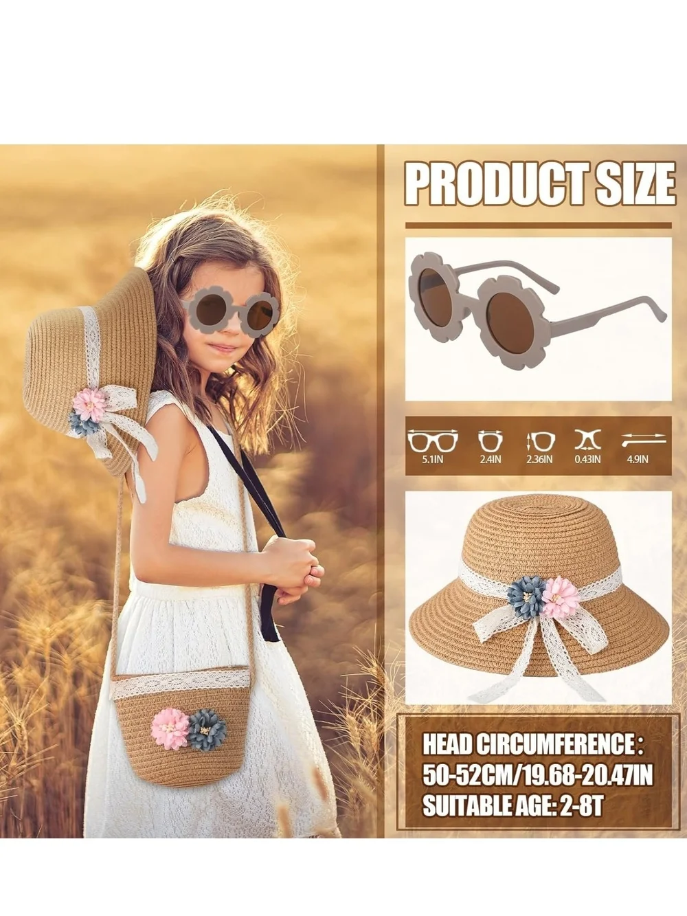 Kids Straw Sun Hat, Purse & Flower Sunglasses Set - Pink & Gray Accents